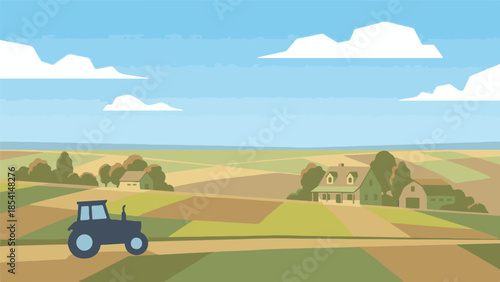 Blue tractor on a dirt road in a rural farm landscape with fields and buildings