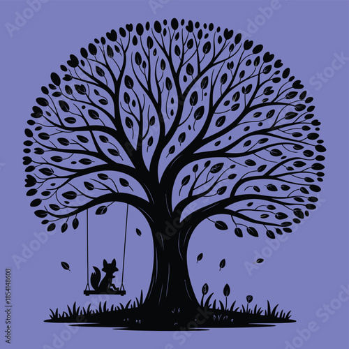 silhouette tree with cat on swing vector illustration, nature landscape design background art drawing, peaceful outdoor scene, whimsical animal artwork, and creative graphic design asset.