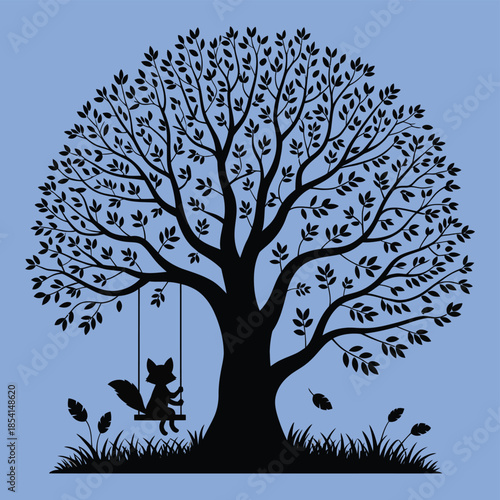 silhouette tree with cat on swing vector illustration, nature landscape design background art drawing, peaceful outdoor scene, whimsical animal artwork, and creative graphic design asset.