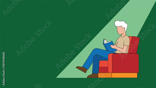 Minimalist vector illustration of a person reading a book in an armchair