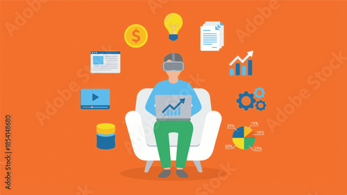 Person in VR headset working on laptop with business and tech icons