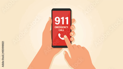 Hands holding smartphone displaying 911 emergency call on screen