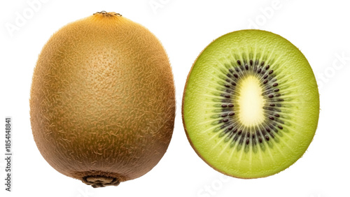 Fresh kiwi fruit and a half isolated PNG, vibrant green flesh with black seeds on transparent background, healthy eating and tropical fruit