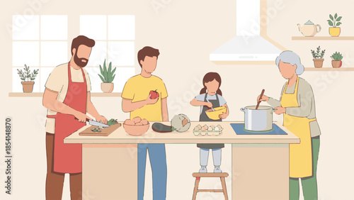 Multi-generational family cooking together in a modern kitchen.