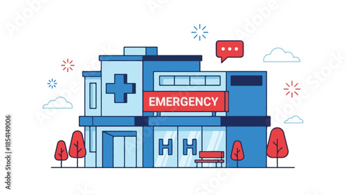 Modern minimalist hospital building with emergency sign and healthcare concept