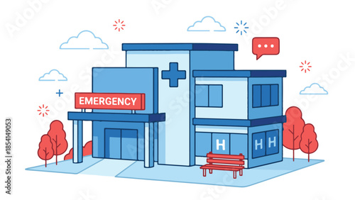 Modern hospital building illustration with emergency entrance and medical cross