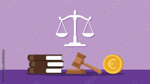 Legal and Financial Justice Concept: Scales, Gavel, Books, Euro Coin