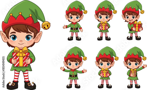 Cute Christmas elf cartoon character set, festive holiday helper illustration, adorable winter mascot, Santa workshop assistant, children illustration, Xmas clipart, isolated white background