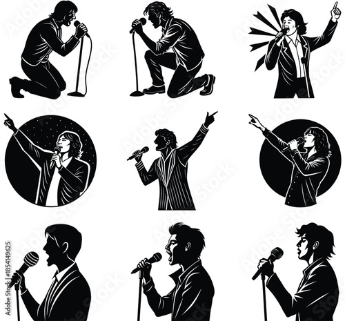 Singer Silhouette Set, Black and White, Dynamic Poses, Vector Illustration