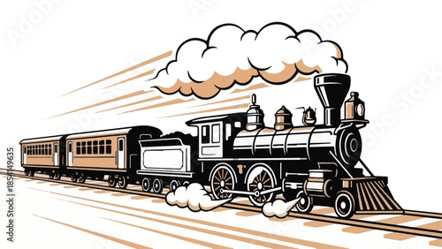 Vintage Steam Train with Passenger Cars Moving on Tracks Illustration