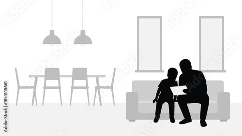 Silhouette of father and son using tablet in modern minimalist home interior
