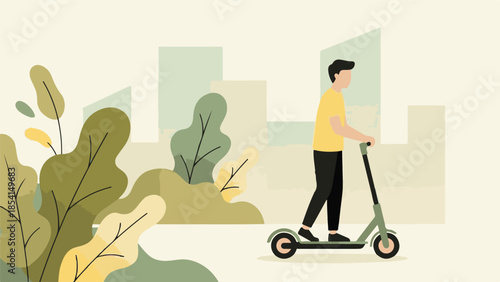 Urban mobility: Young man on an electric scooter among plants and buildings