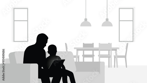 Silhouette of a father and child using a digital tablet at home