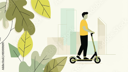Modern man riding electric scooter in eco-friendly city illustration