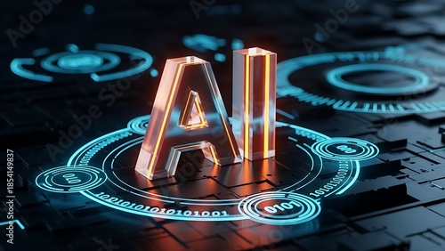Glowing AI text with digital circuit patterns and binary code artificial intelligence