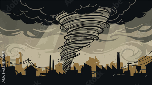Destructive tornado storm over industrial city skyline illustration
