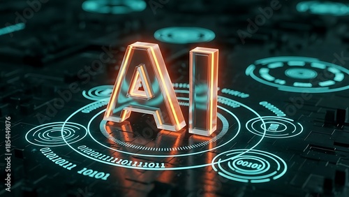 Glowing AI letters on futuristic digital circuit board with binary code artificial