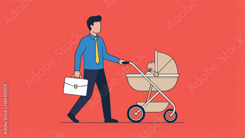 Father pushing baby stroller and carrying briefcase, work-life balance concept