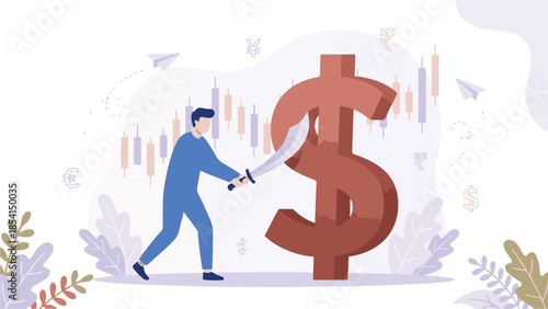 Financial market challenge: man with sword confronting dollar symbol