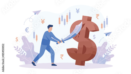 Man fighting giant dollar sign with a sword, global currency market challenge