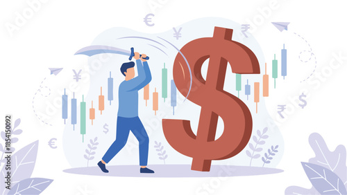 Man fighting strong dollar with sword in global financial market illustration