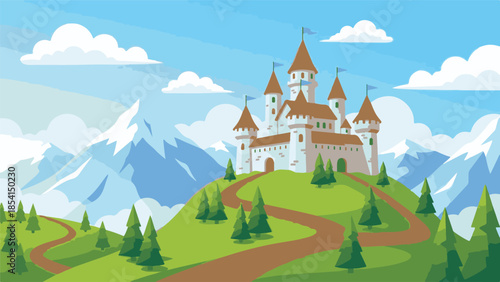 Cartoon fantasy castle landscape with mountains, trees, and blue sky