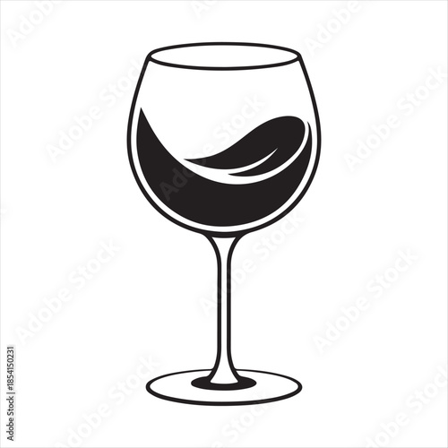 A simple black and white illustration of a wine glass with liquid