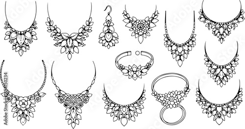 Ornate Vintage Jewelry Line Art And Ornament Vector Set