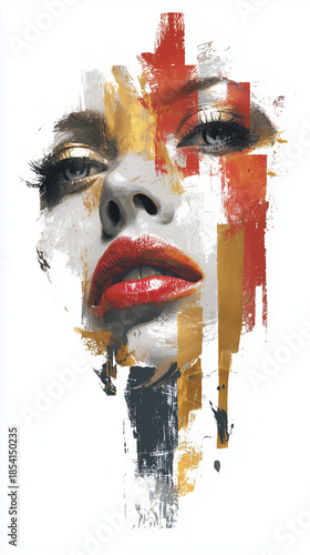 Woman's abstract face illustration with bold red lips, artistic texture, and expressive eyes in vibrant colors