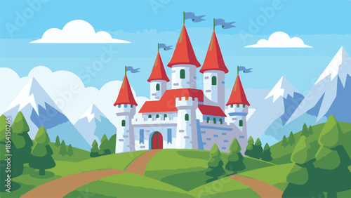 Fantasy Fairytale Castle Illustration with Mountains and Green Hills