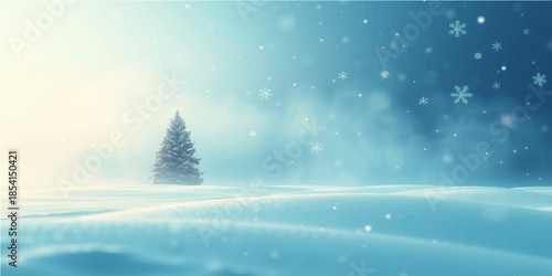 A serene winter landscape featuring a snowy Christmas tree under a blue night sky with a star and falling snowflakes in a cold forest scene