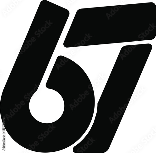 Modern stylized number sixty seven in black and white