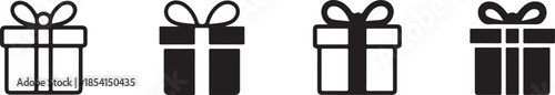 A series of simple black and white gift box icons in varying styles