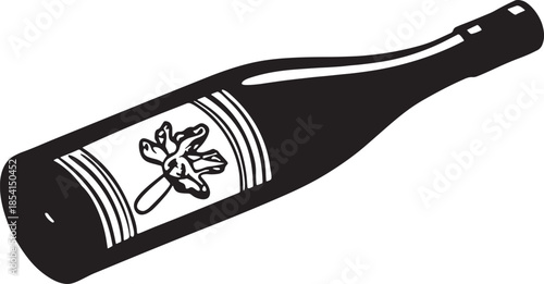 A black vector silhouette and cartoon illustration of a mammal bear in a bottle, glass, or cup, featuring a graphic outline drawing of the animal's fur and body