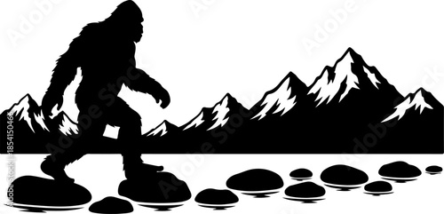 Bigfoot Silhouette in Mountain Wilderness Illustration