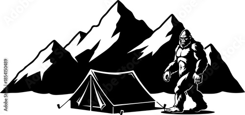 Bigfoot Silhouette in Mountain Wilderness Illustration