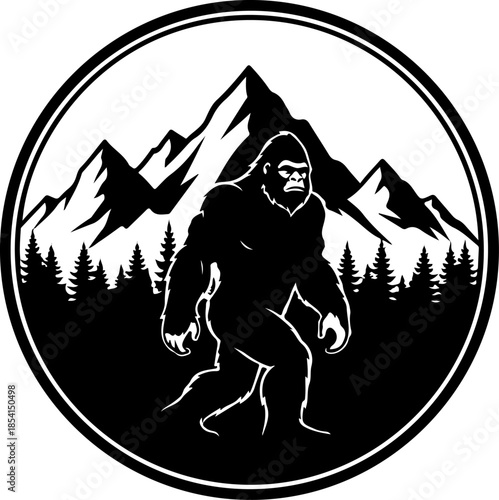 Bigfoot Silhouette in Mountain Wilderness Illustration