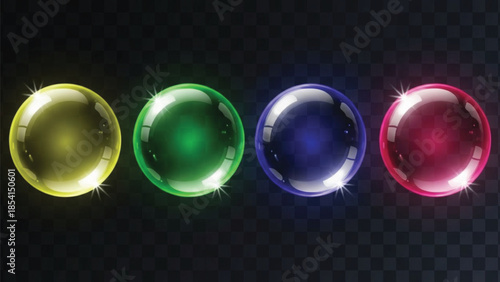 Four glowing, translucent spheres in yellow, green, blue, and magenta colors with bright highlights, set against a dark, checkered background,