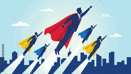 Business Superheroes Flying Above City Skyline Towards Success