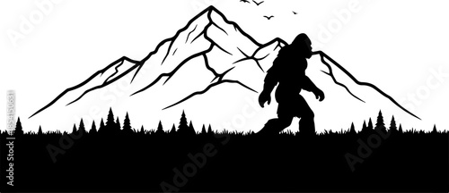 Bigfoot Silhouette in Mountain Wilderness Illustration