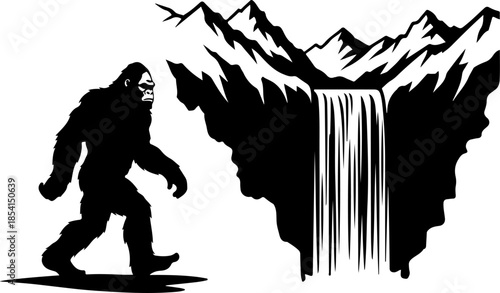 Bigfoot Silhouette in Mountain Wilderness Illustration