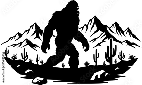 Bigfoot Silhouette in Mountain Wilderness Illustration