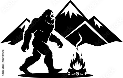 Bigfoot Silhouette in Mountain Wilderness Illustration