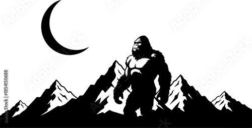 Bigfoot Silhouette in Mountain Wilderness Illustration