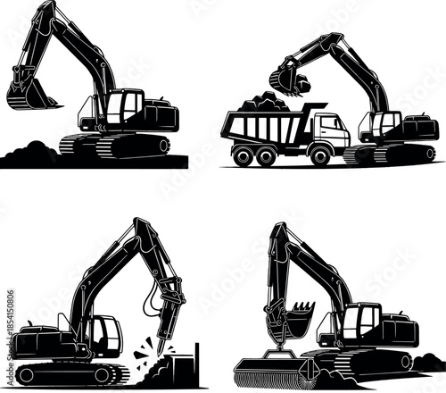 Construction Excavator Silhouette Vector Set