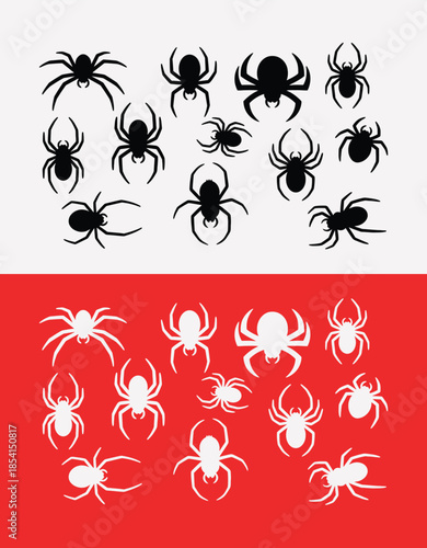 Black and white spider silhouettes on red and white backgrounds