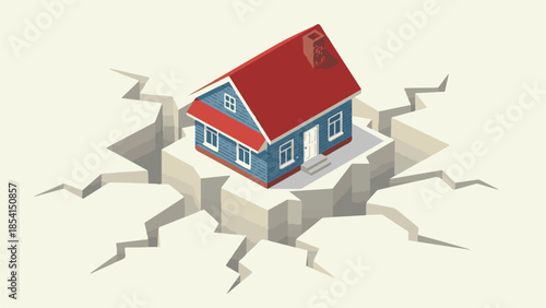 Isometric illustration of a residential house on cracking ground, symbolizing crisis