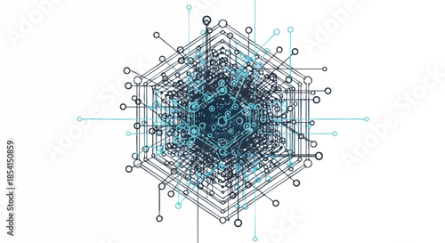 An intricate abstract digital network forms a complex hexagonal structure, symbolizing advanced technology, data connectivity, and the future of AI.