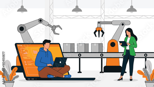 Digital factory management, automation and human collaboration illustration