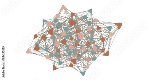 An intricate abstract visualization of interconnected nodes forming a complex network, representing data flow, relationships, or technological systems.